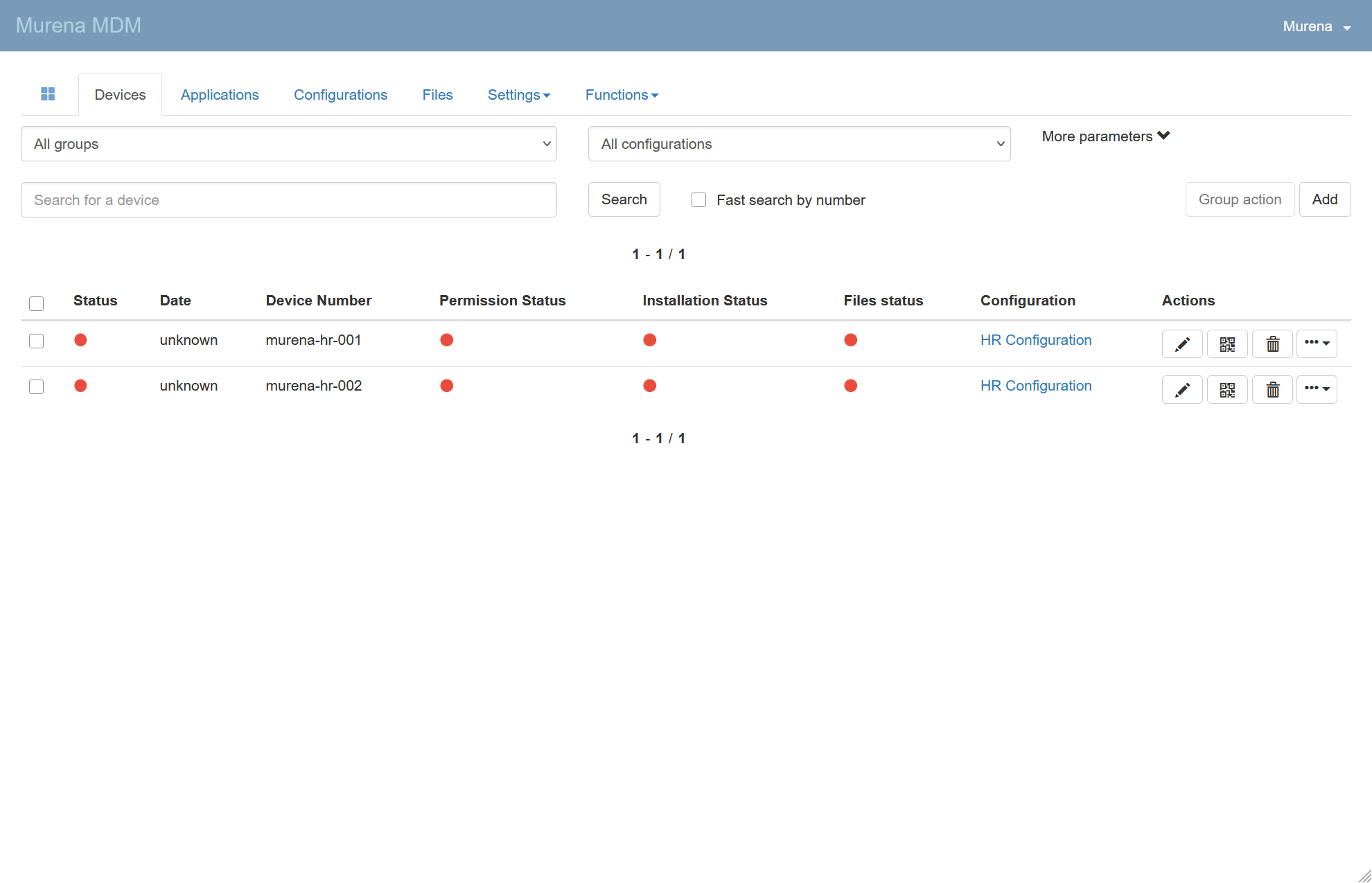 Device list in MDM console