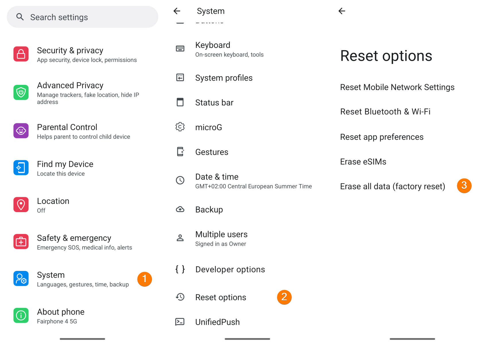 Factory reset on device
